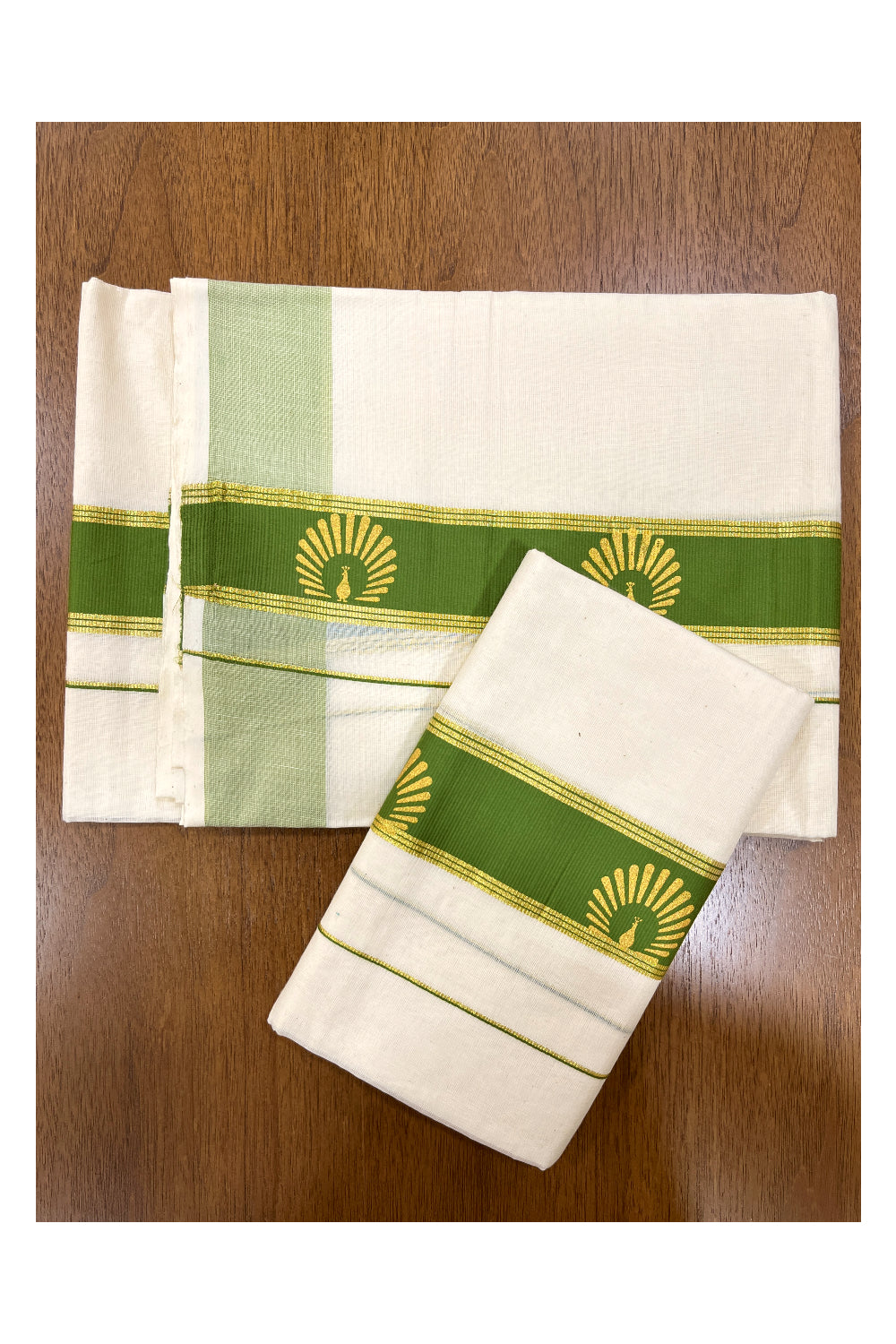 Cotton Single Set Mundu (Mundu Neriyathum) with Golden Block Prints on Green Border