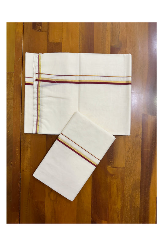 Kerala Cotton Puliyilakkara Set Mundu (Mundum Neriyathum) with 0.5 inch Kasavu and Maroon Border 2.80 Mtrs