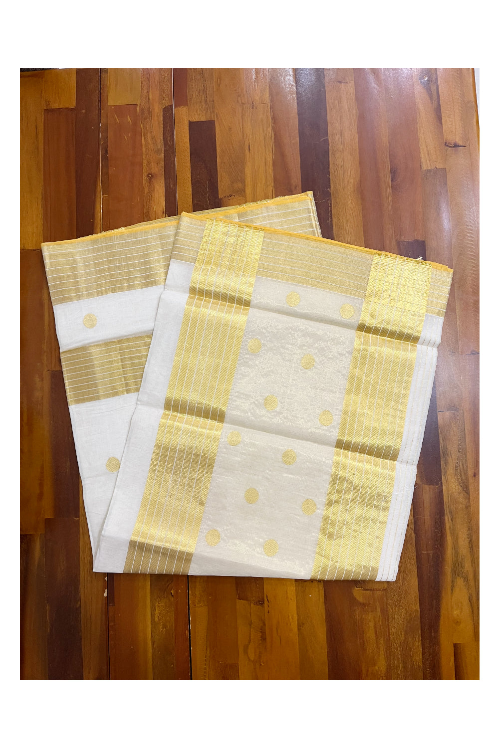 Southloom Premium Handloom Balaramapuram Unakkupaavu Tissue Kasavu Saree With Golden Polka Woven Designs on Body