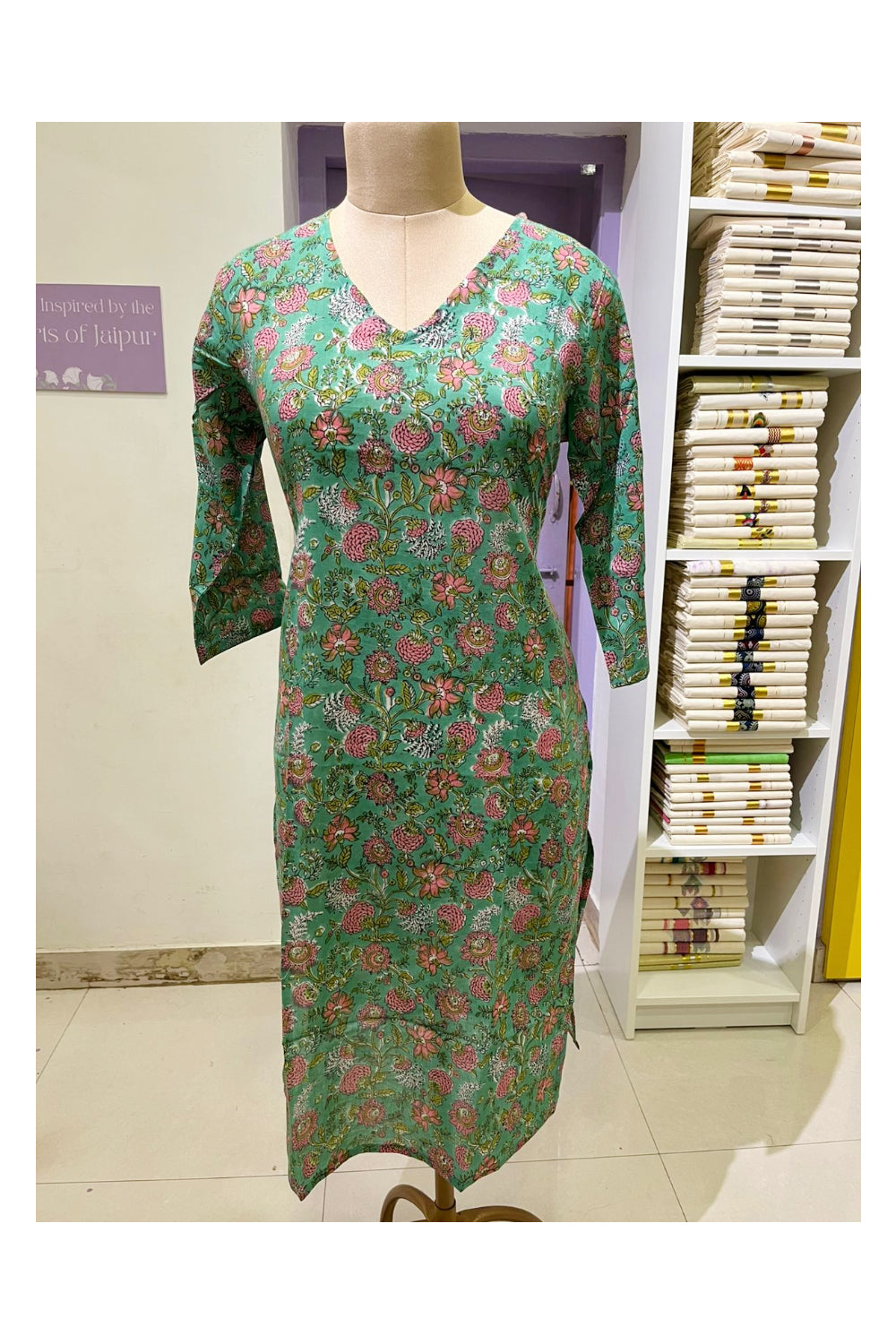 Southloom Stitched Cotton Kurti in Green and Pink Printed Designs