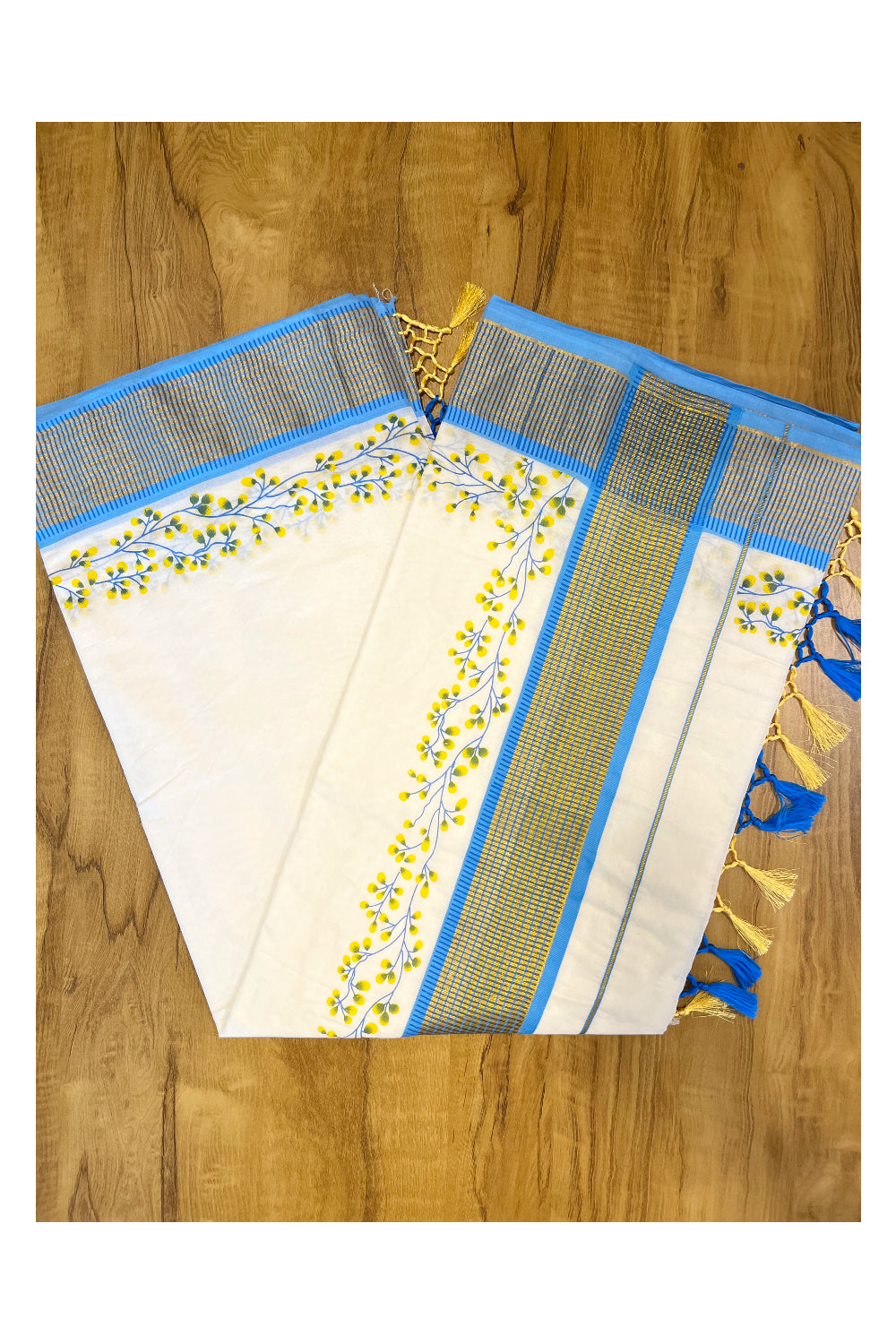 Southloom Blue Floral Print Saree with Kasavu Check Borders