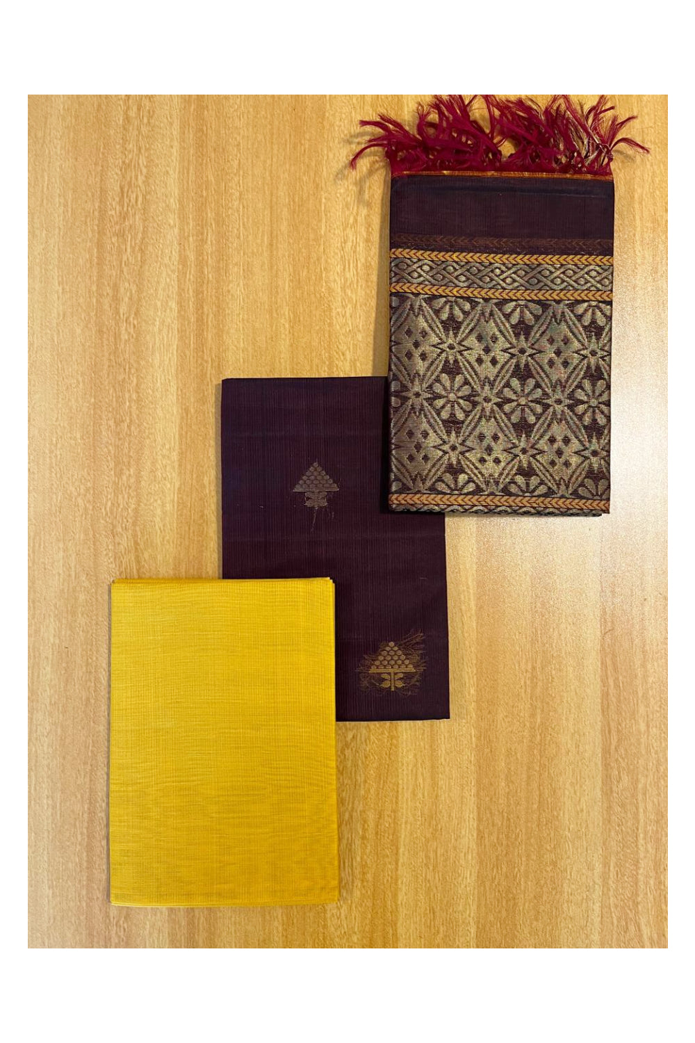 Southloom™ Original Handloom Cotton Pure Silk 3 Piece Brown and Yellow Salwar Material with Woven Zari Butta Work