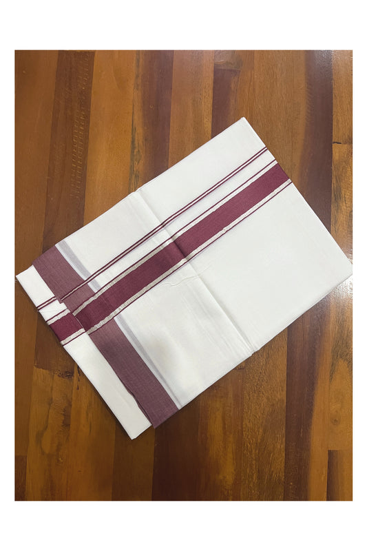 Pure White Cotton Double Mundu with Maroon and Silver Kasavu Border (South Indian Kerala Dhoti)