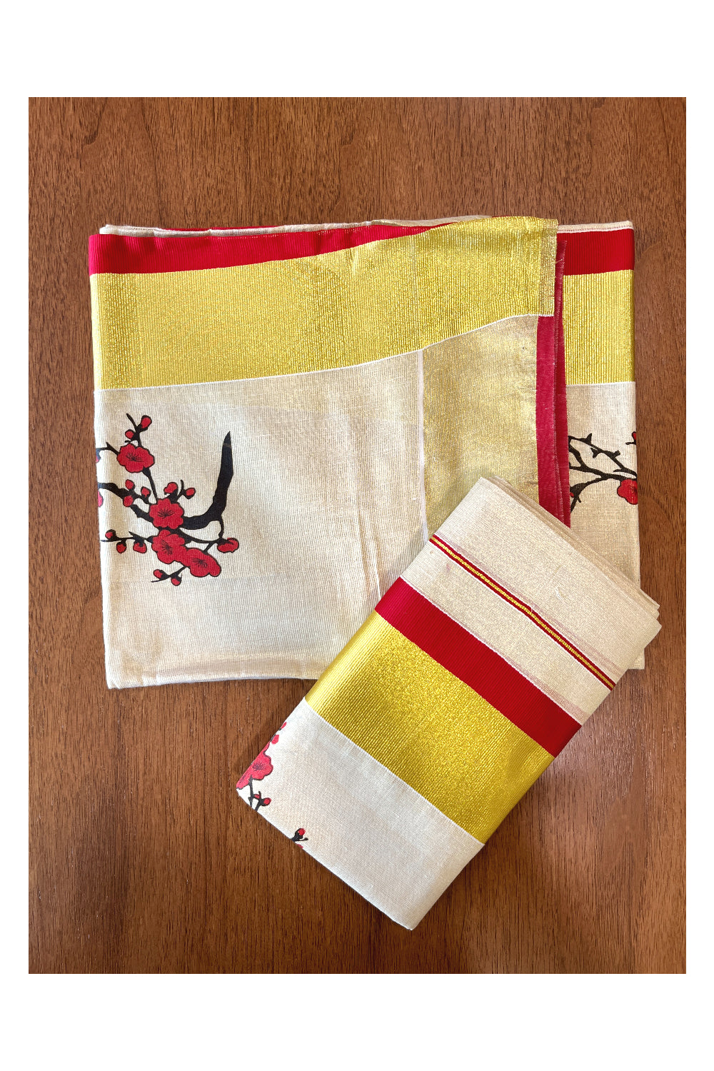 Kerala Tissue Set Mundu (Mundum Neriyathum) with Red Block Prints and Kasavu Border