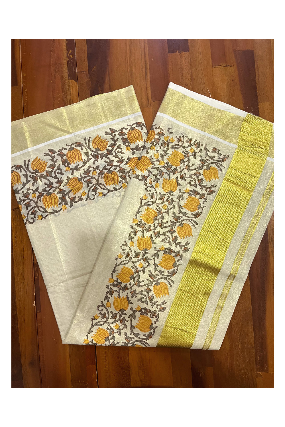 Southloom Jaipur Artisans & Kerala Weavers Collab Yellow and Grey Floral Printed Tissue Kasavu Saree