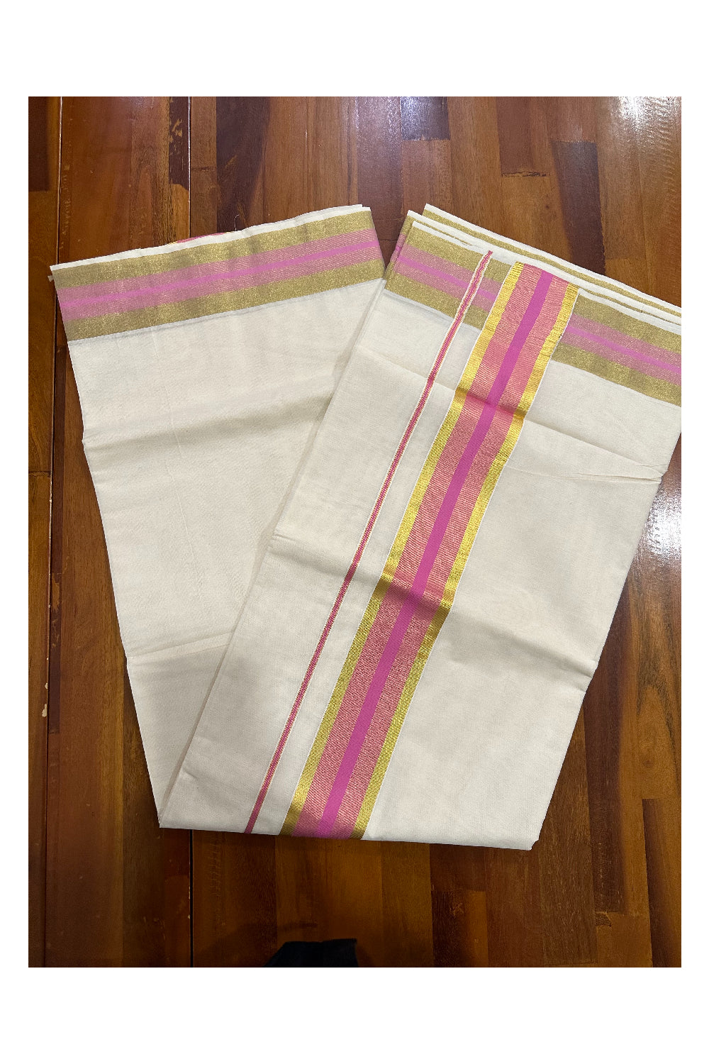 Kerala Pure Cotton Plain Saree with Kasavu and Pink Border