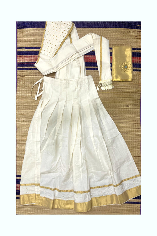 Semi Stitched Pure Cotton Kasavu Dhavani Set with Bead Work Pavada and Golden Blouse Piece