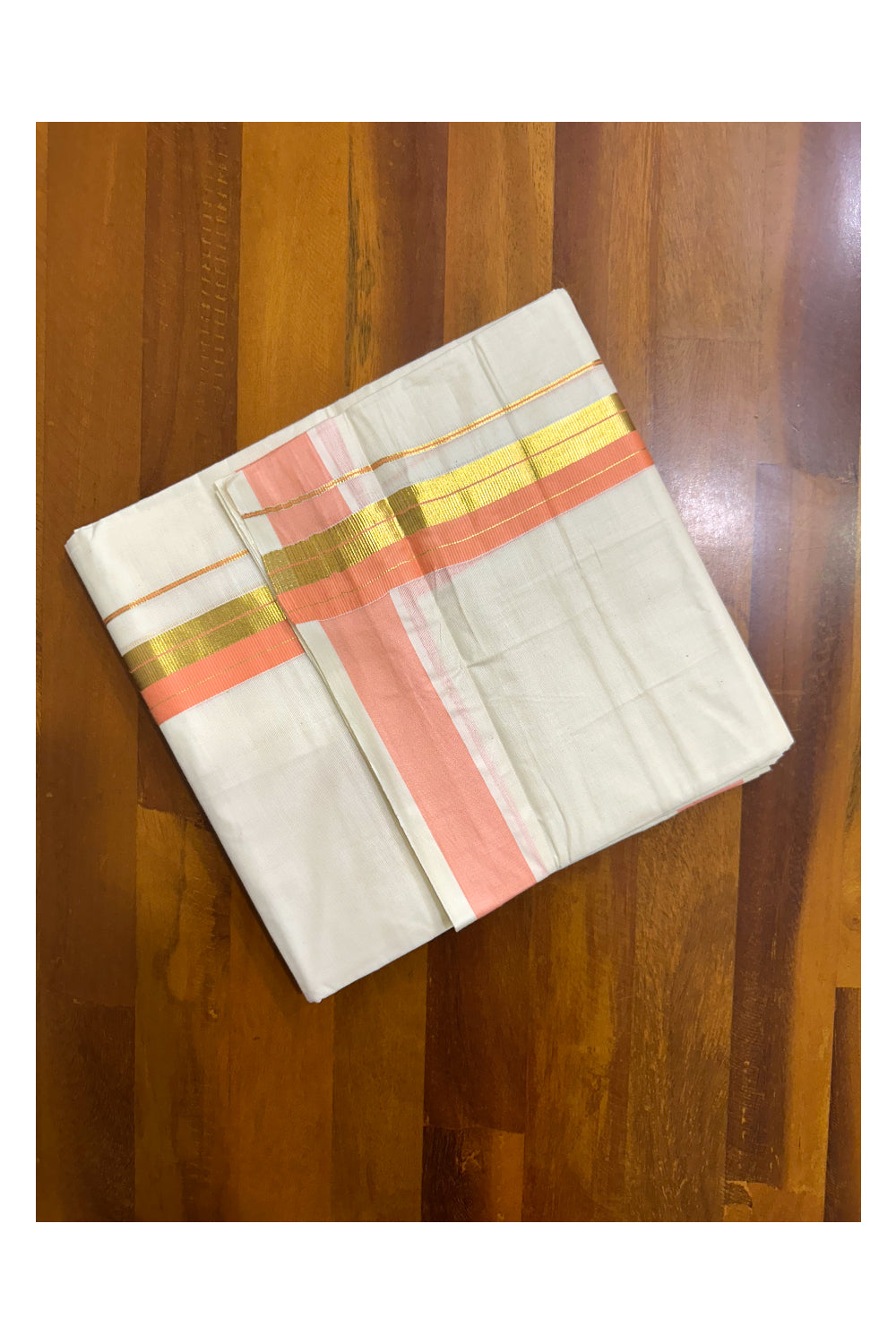 Kerala Pure Cotton Double Mundu with Peach And Kasavu Border (South Indian Dhoti)