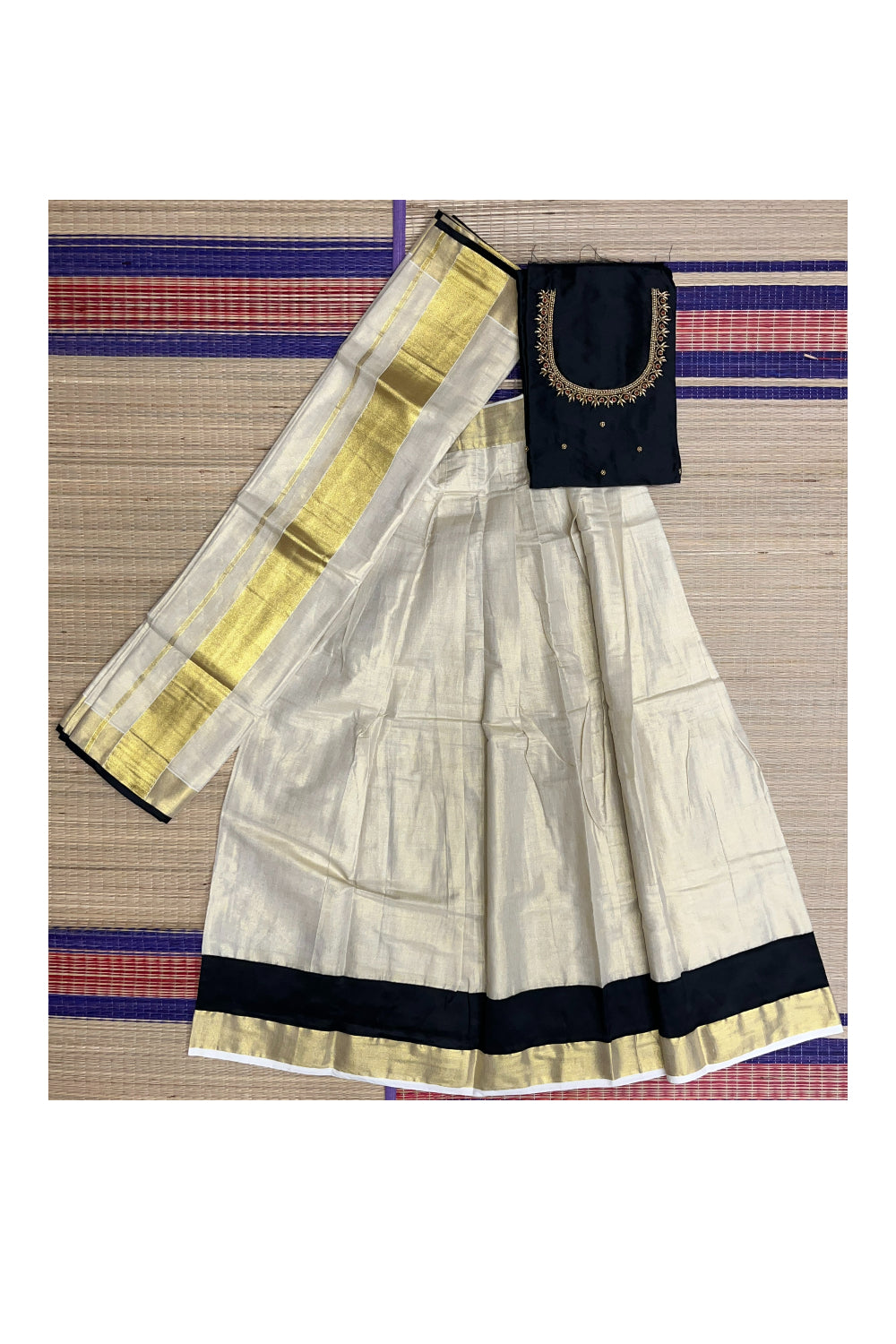 Semi Stitched Onam 2023 Dhavani Set with Tissue Pavada and Black Bead Work Blouse Piece