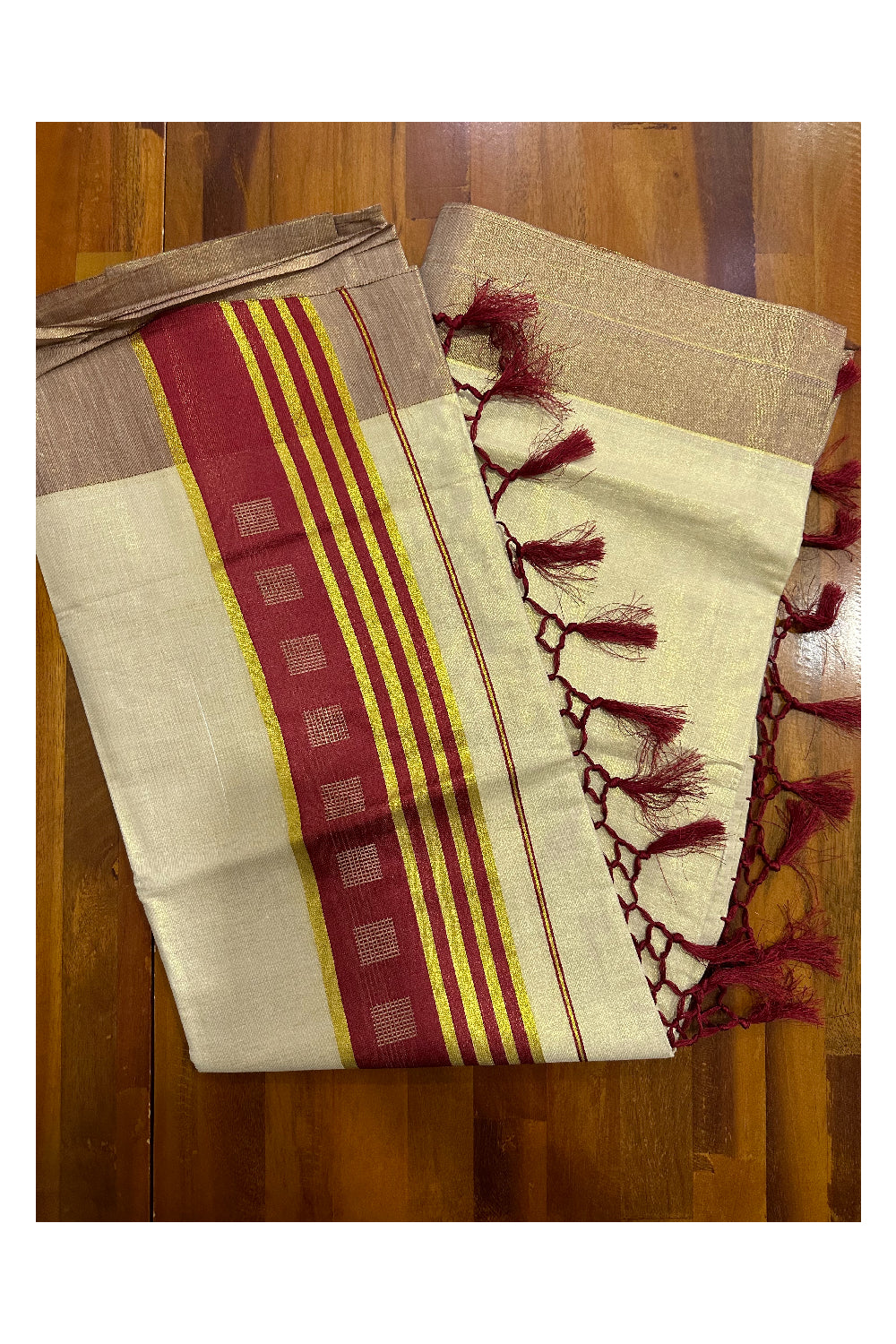 Kerala Tissue Saree with Kasavu Maroon Border and Tassels Works on Pallu (Onam Saree 2023)