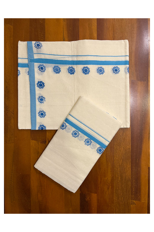 Kerala Pure Cotton Set Mundu Single (Mundum Neriyathum) with Blue Floral Block Prints