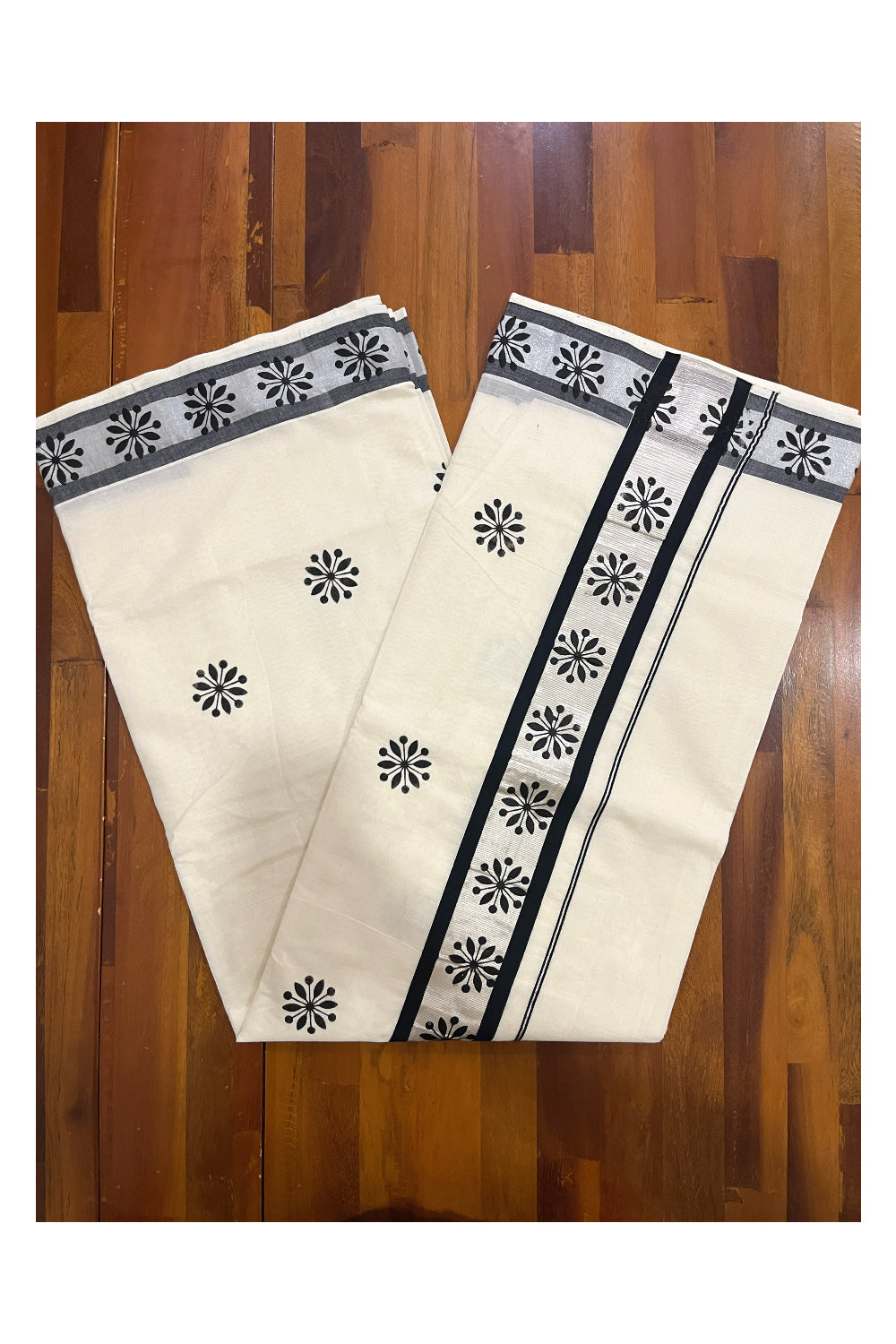 Pure Cotton Kerala Saree with Black Block Prints and Silver Border