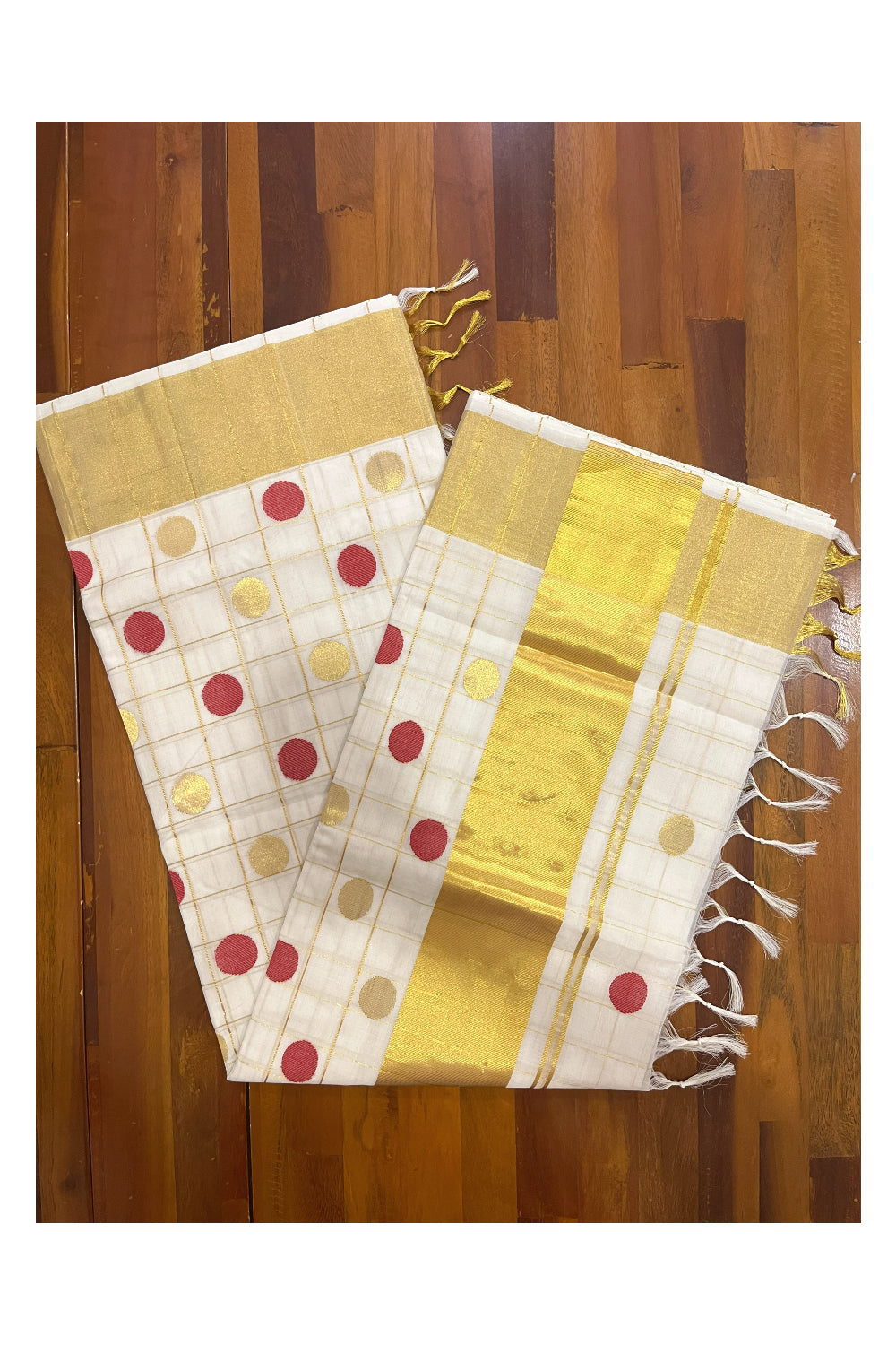 Southloom Premium Handloom Cotton Check Design Saree with Golden and Red Polka Work Across Body