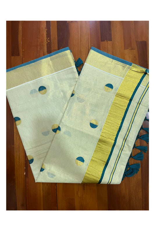 Kerala Tissue Kasavu Saree with Green Semi Polka Woven Designs and Tassels Works