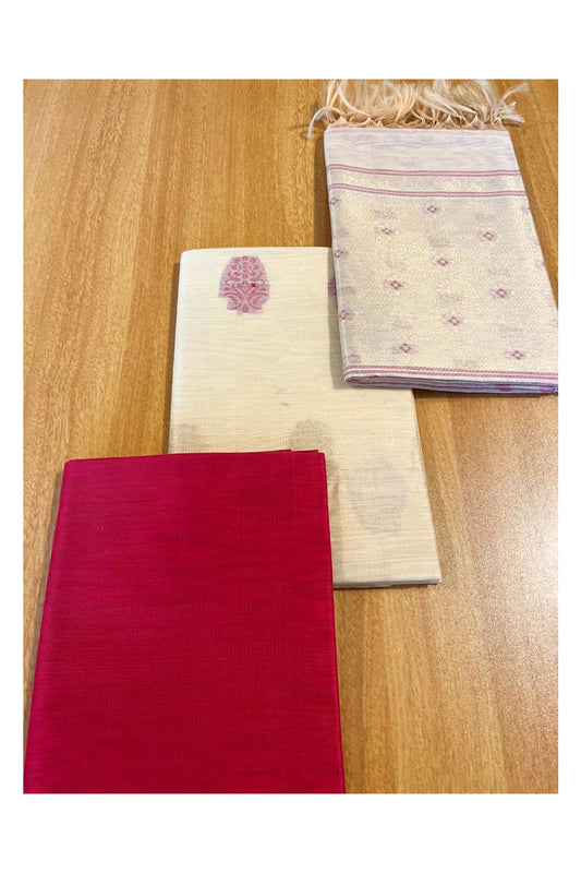 Southloom™ Original Handloom Cotton Pure Silk 3 Piece Cream and Pink Salwar Material with Woven Zari Butta Work