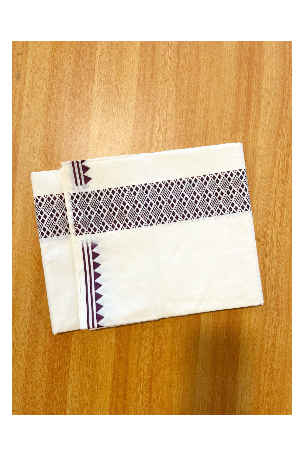 Pure Cotton Off White Double Mundu with Violet Block Prints On Border (South Indian Kerala Dhoti)