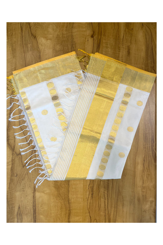 Southloom Premium Handloom Kasavu Saree with Golden Polka Woven Designs Across Body