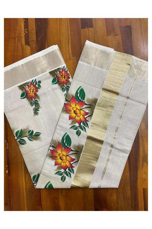 Kerala Tissue Kasavu Saree with Floral Block Printed Designs