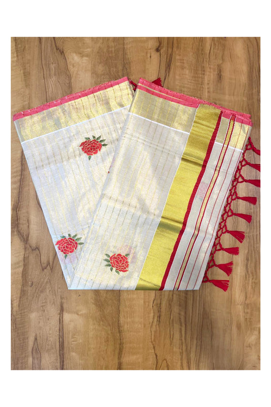 Southloom Kerala Tissue Kasavu Lines Saree with Red Floral Embroidery Works