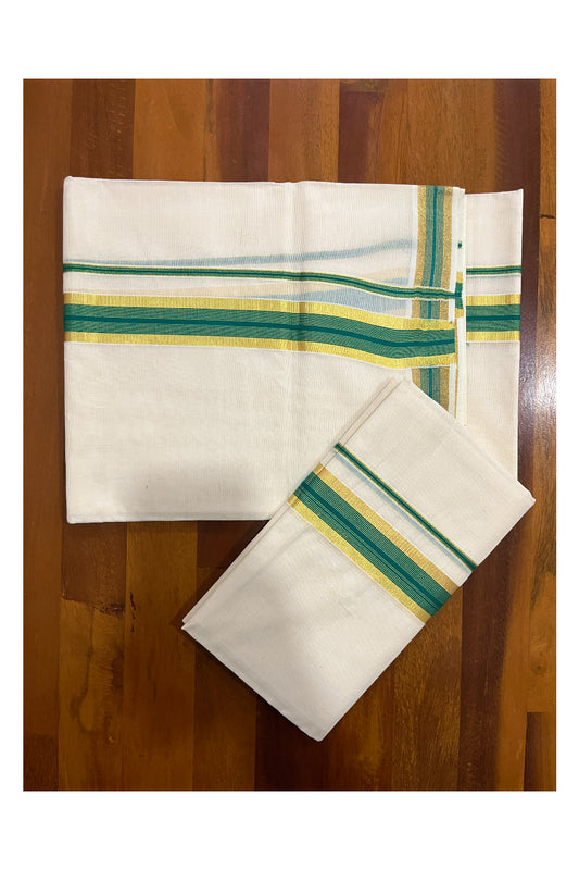 Kerala Cotton Mundum Neriyathum Single (Set Mundu) with Kasavu and Green Border 2.80 Mtrs