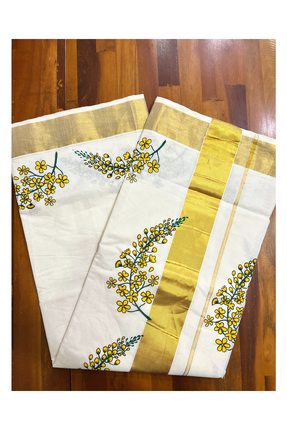 Pure Cotton Kerala Kasavu Saree with Floral Prints on Body