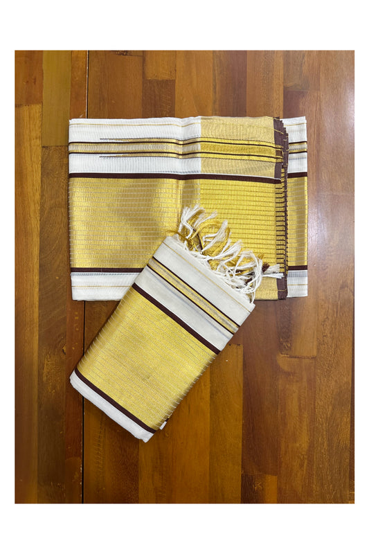 Southloom Premium Handloom Set Mundu with Brown Border and Kasavu Lines Across Body 2.80 Mtrs