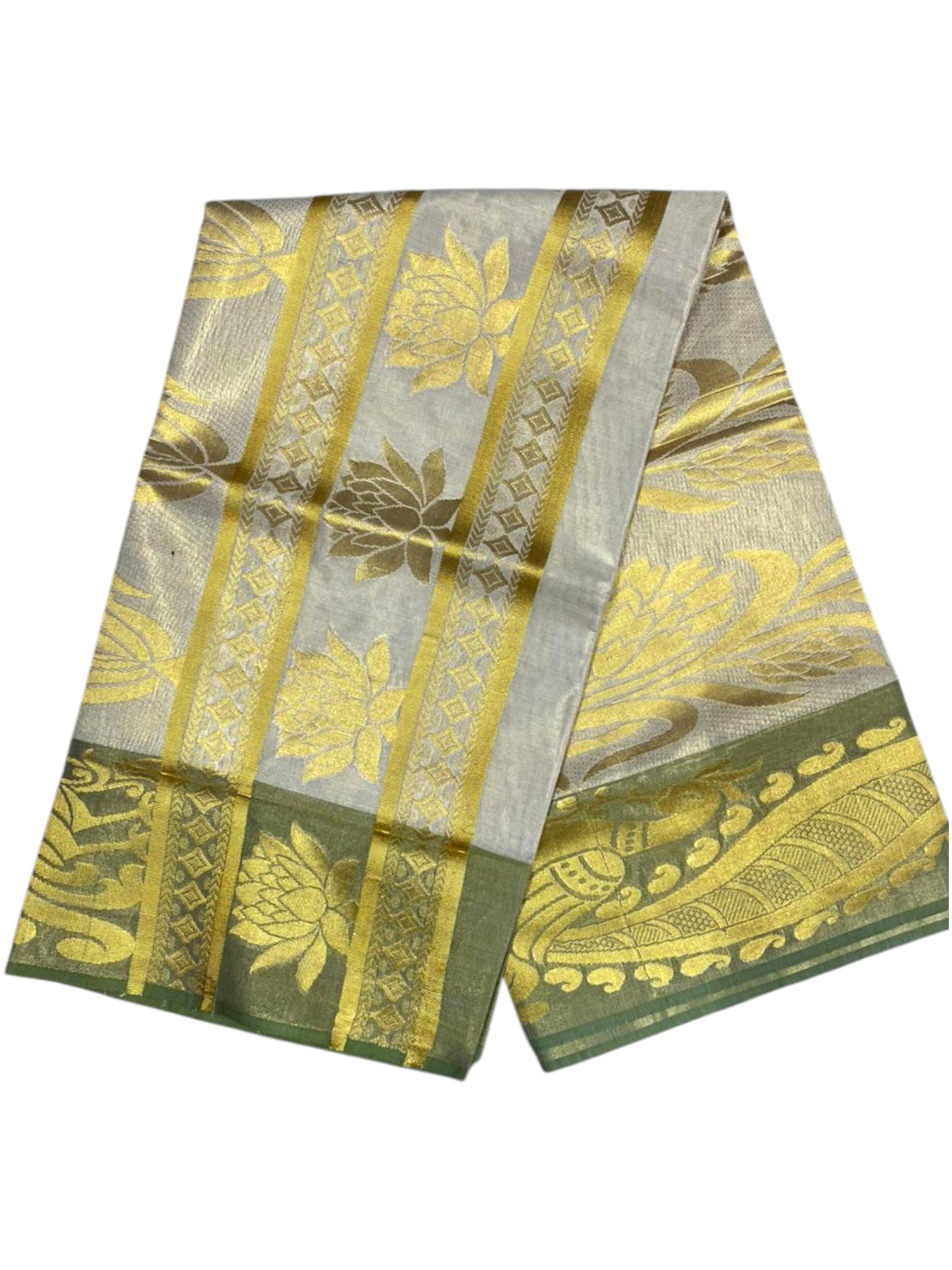 Southloom  Kerala Tissue Kasavu Heavy Work Saree with Peacock Design And Olive Green Border SL483