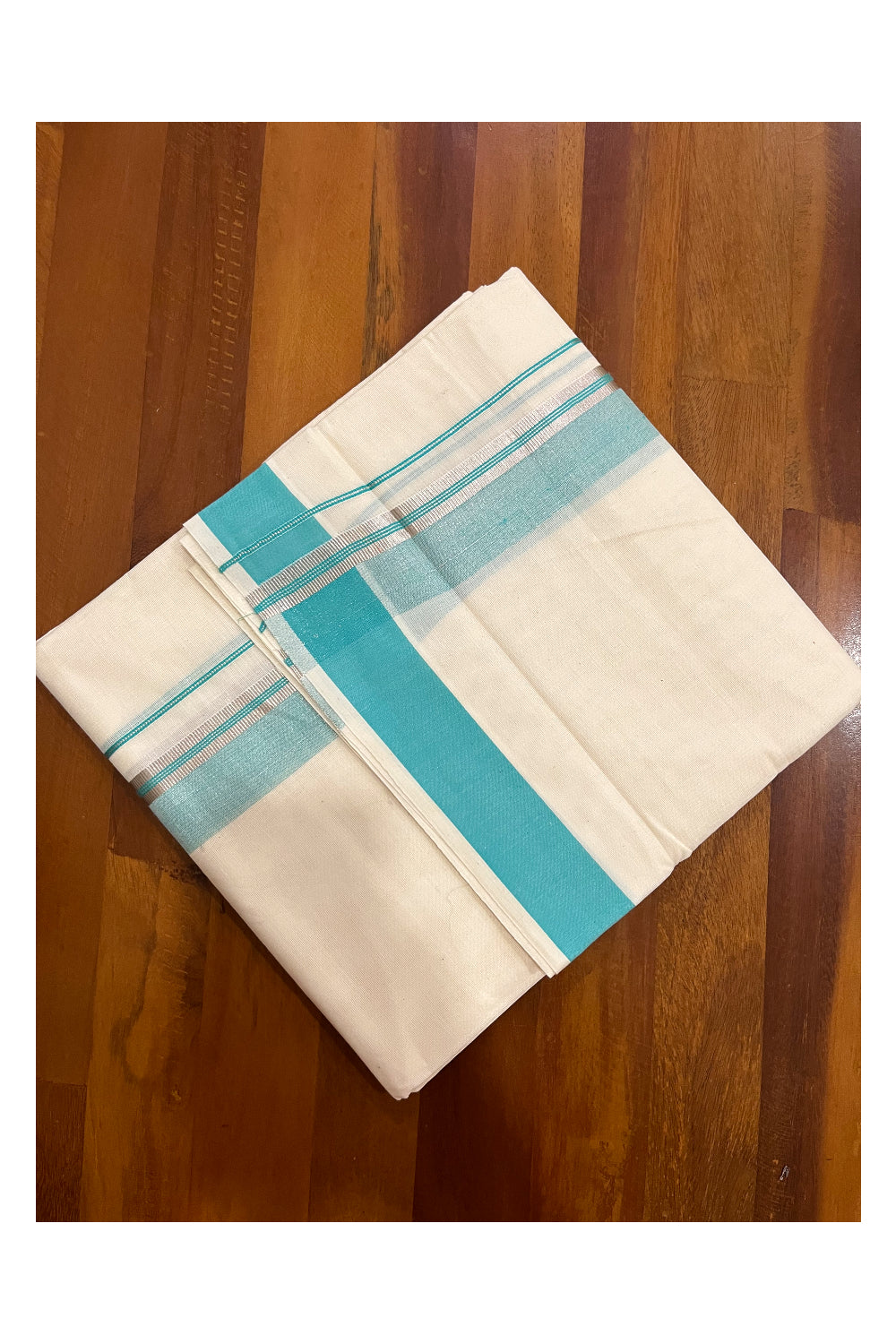 Kerala Cotton Double Mundu with Turquoise and Silver Kasavu Border (Onam Mundu 2023)