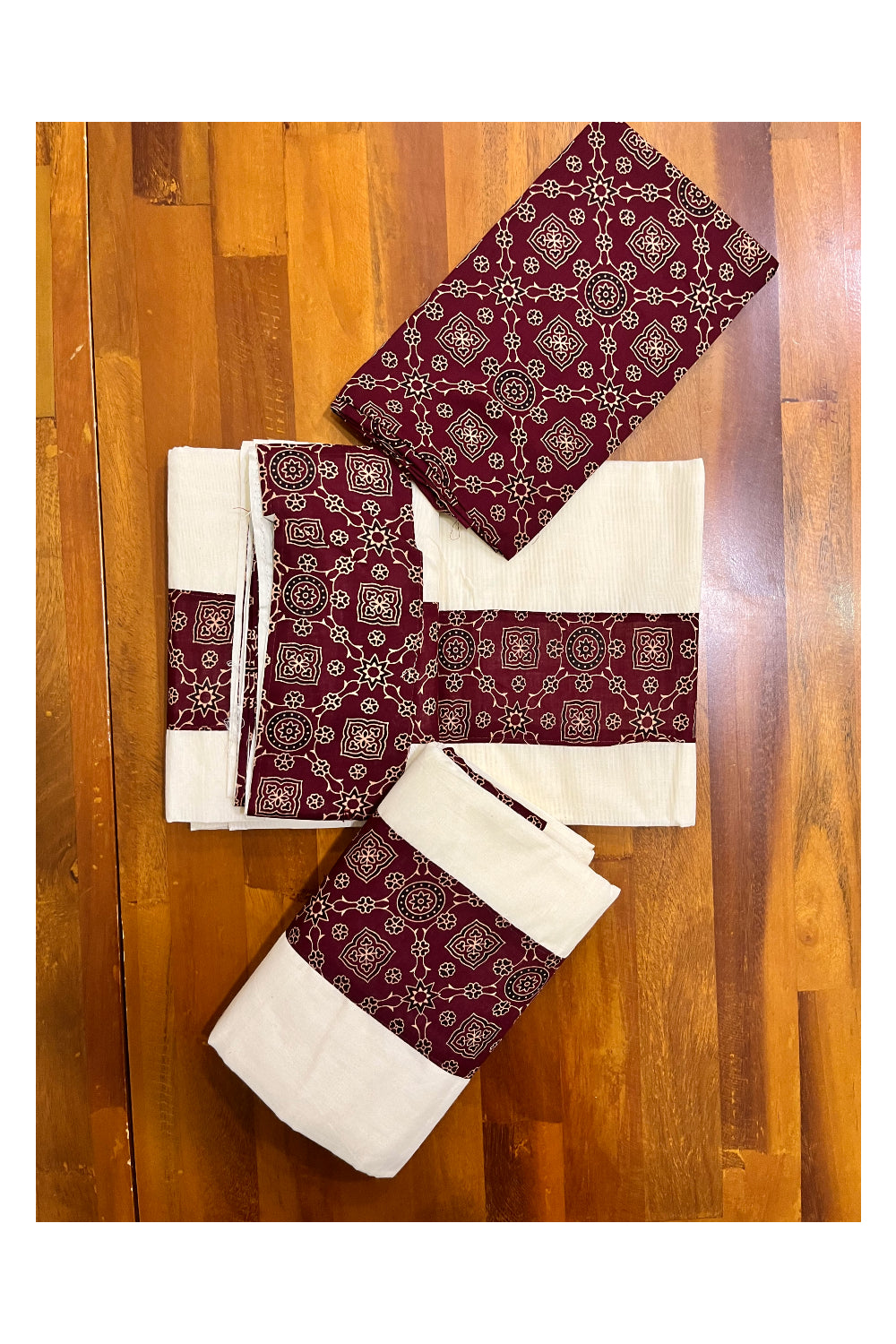 Kerala Cotton Set Mundu (Mundum Neriyathum) with Maroon Prints and Seperate Blouse Piece 2.80 Mtrs