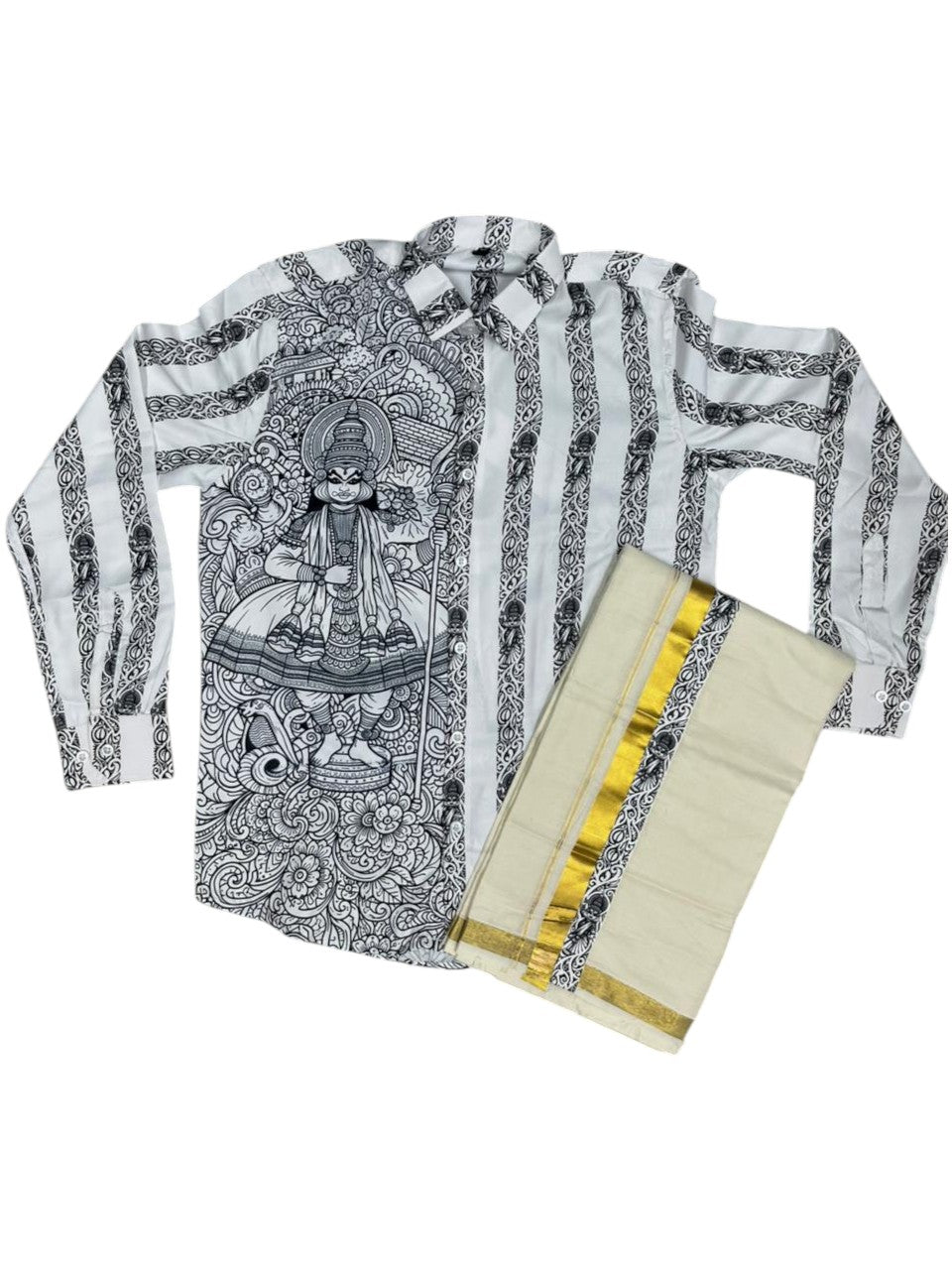 Southloom Premium Satin Kathakali Digital Print Design Men's Combo  (Shirt + Mundu) SL576