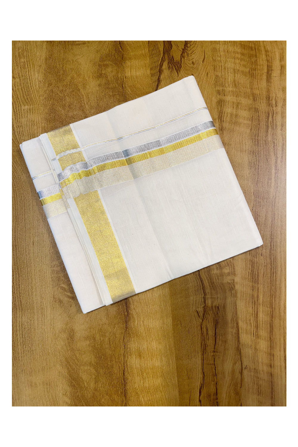 Kerala Pure Cotton Double Mundu with Silver and Golden Kasavu Border (South Indian Kerala Dhoti)