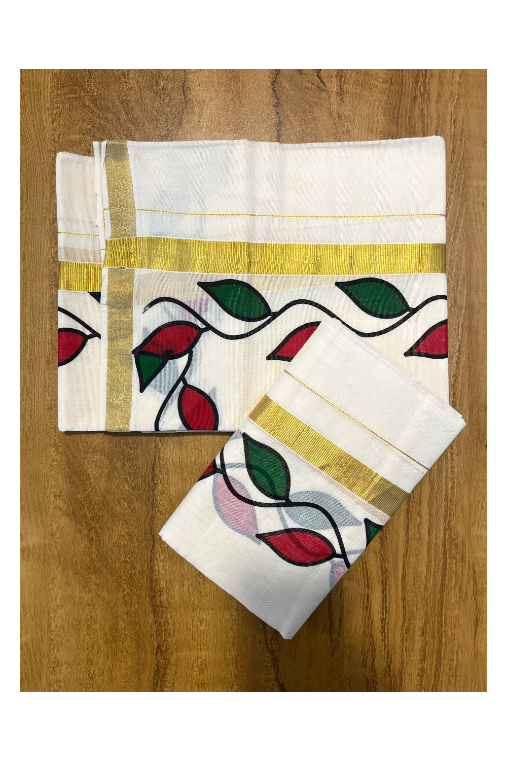 Pure Cotton Set Mundu (Mundum Neriyathum) with Red and Green Leaf Prints on Kasavu Border(2.80M)