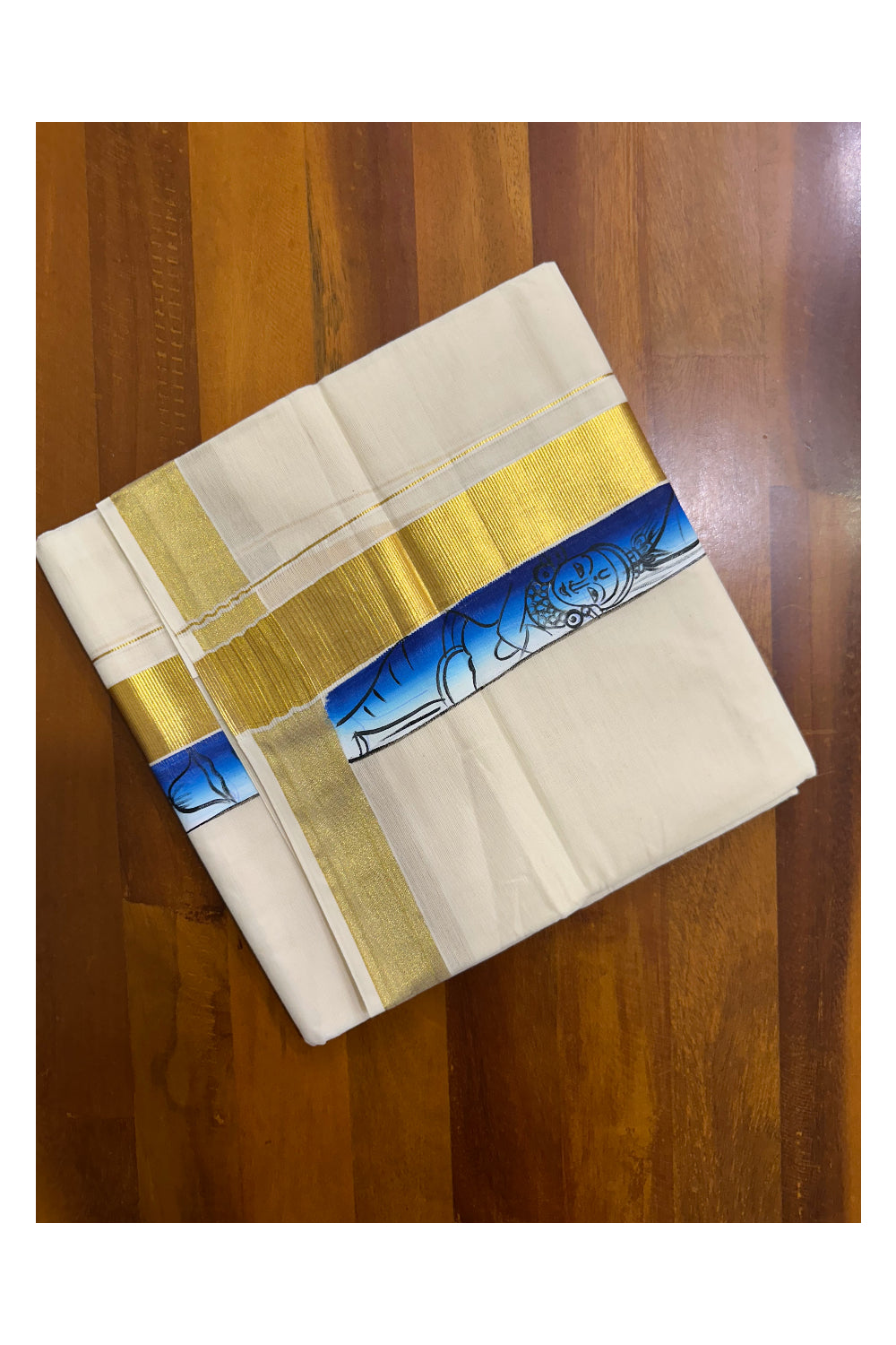 Kerala Pure Cotton Double Mundu with Hand Painted Designs on Kasavu Border(South Indian Kerala Dhoti)