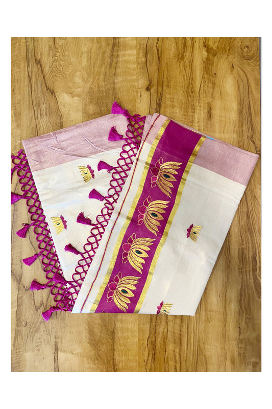 Southloom Kerala Tissue Kasavu Saree with Magenta And Golden Lotus Embroidary Works on Body
