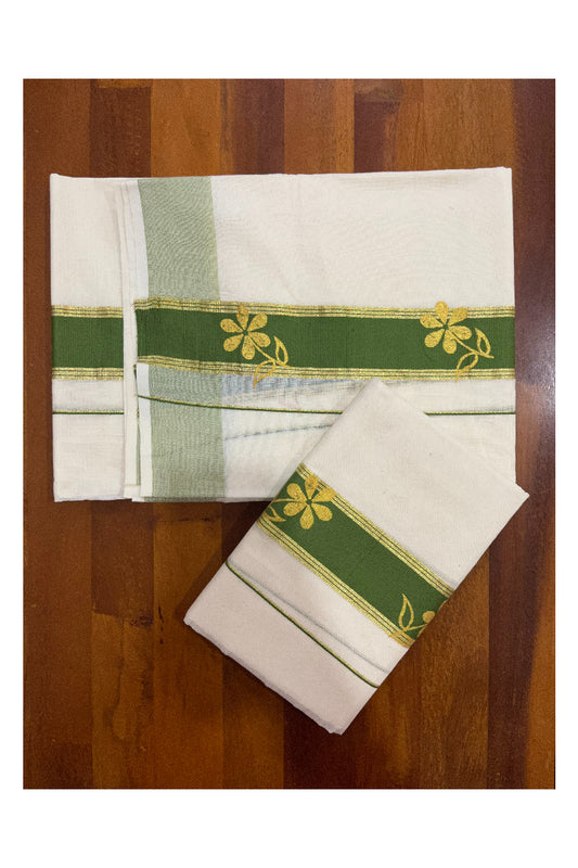 Cotton Single Set Mundu (Mundu Neriyathum) with Golden Floral Block Prints on Green Border (Onam Set Mundu 2023)