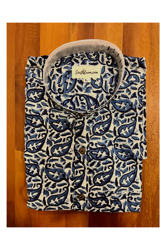 Southloom Jaipur Cotton Indigo Blue Hand Block Printed Mandarin Collar Shirt (Full Sleeves)