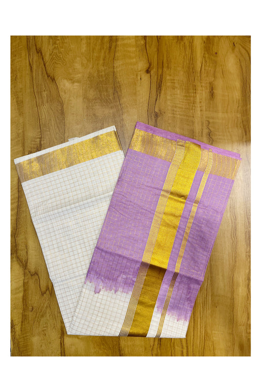 Southloom Cotton Tie & Dye - Half & Half Violet Design Saree with Kasavu Checks Across Body