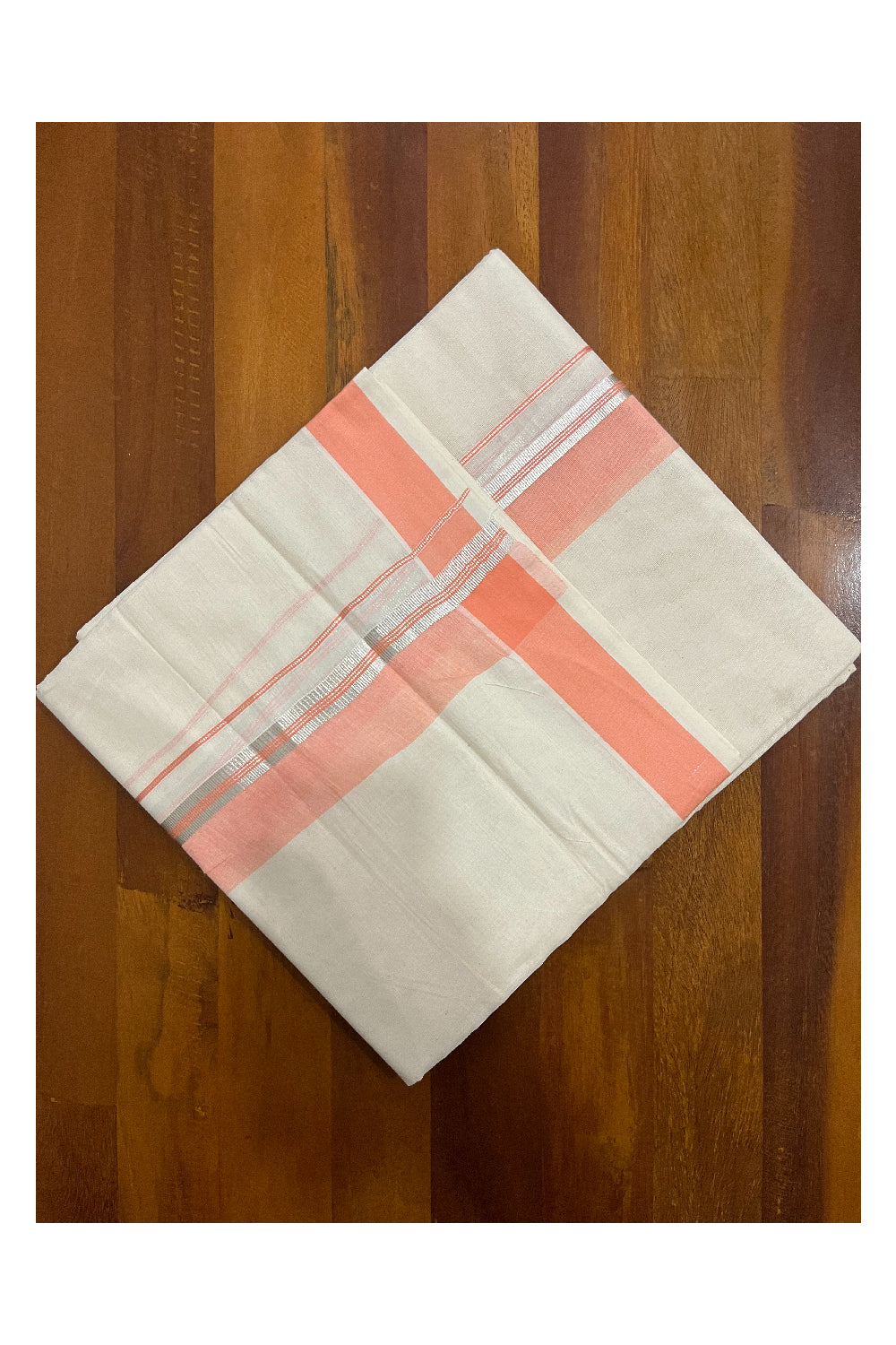 Pure Cotton Kerala Double Mundu with Peach and Silver Kasavu Kara (South Indian Kerala Dhoti)