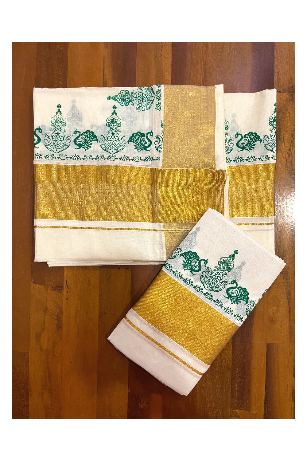 Pure Cotton Kerala Single Set Mundu (Mundum Neriyathum) with Green Block Printed Kasavu Border (Onam 2023 Set Mundu)