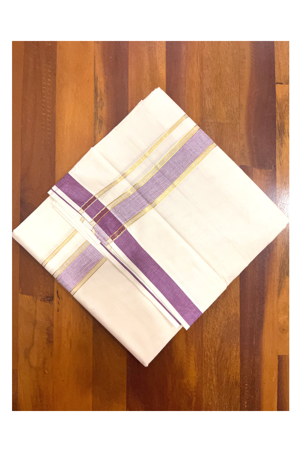 Kerala Cotton Double Mundu with Purple and Kasavu Border (Onam Mundu 2023)