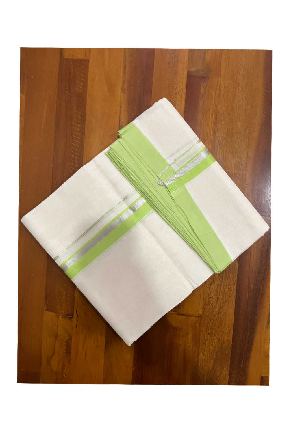 Southloom Premium Balaramapuram Unakkupaavu Handloom Mundu with Light Green and Silver Border (South Indian Kerala Dhoti)