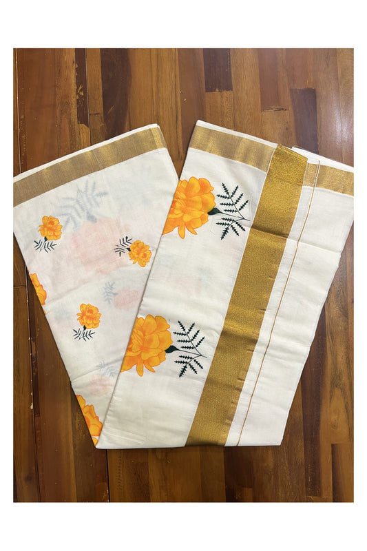 Pure Cotton Kerala Kasavu Saree with Floral Block Printed Designs (Vishu 2024 Collection)