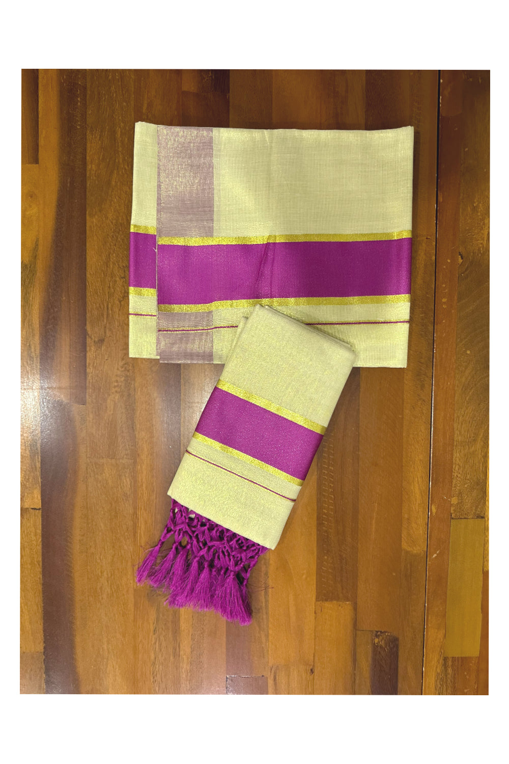 Kerala Tissue Kasavu Set Mundu (Mundum Neriyathum) with Magenta Border Tassels on Pallu