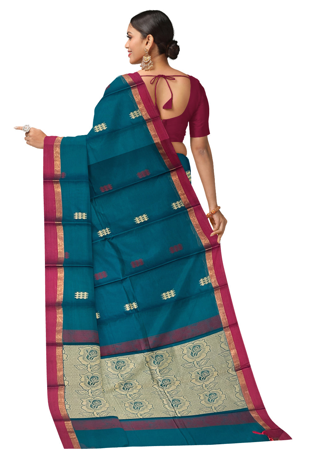 Southloom Cotton Teal Blue Saree with Woven Butta Works on Body and Pallu