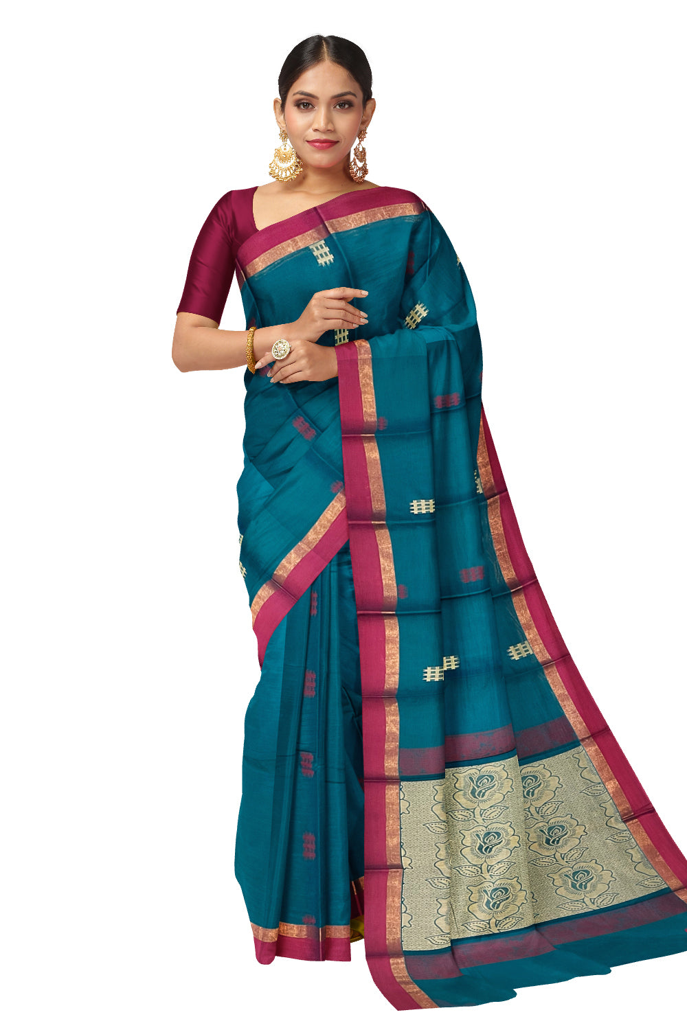 Southloom Cotton Teal Blue Saree with Woven Butta Works on Body and Pallu