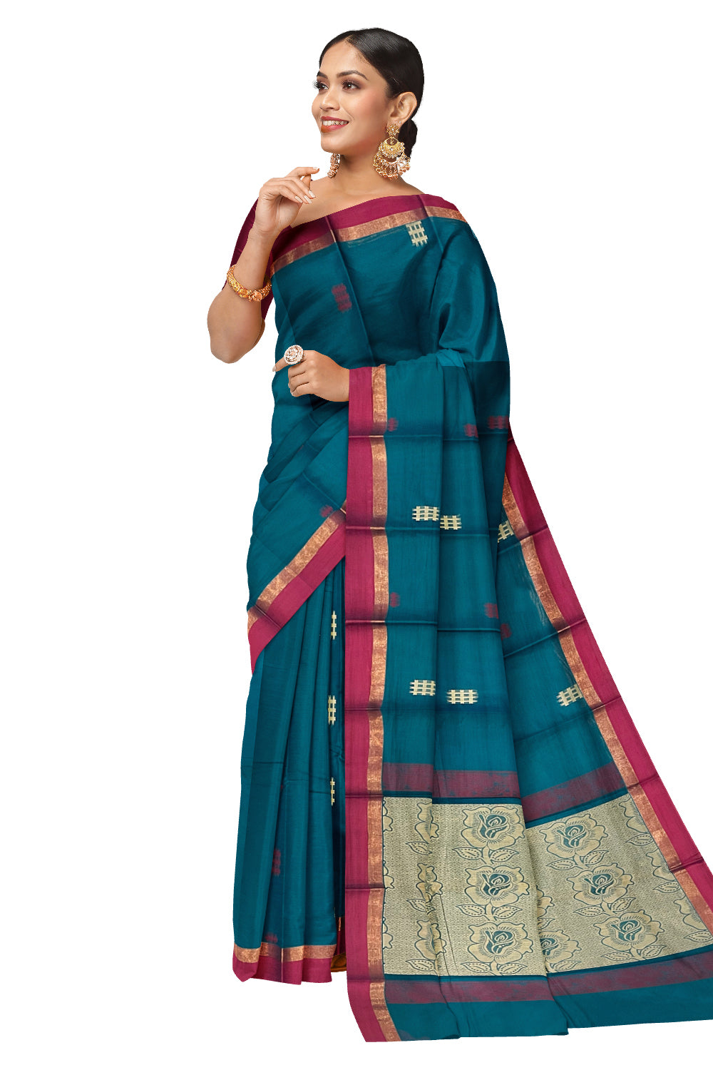 Southloom Cotton Teal Blue Saree with Woven Butta Works on Body and Pallu