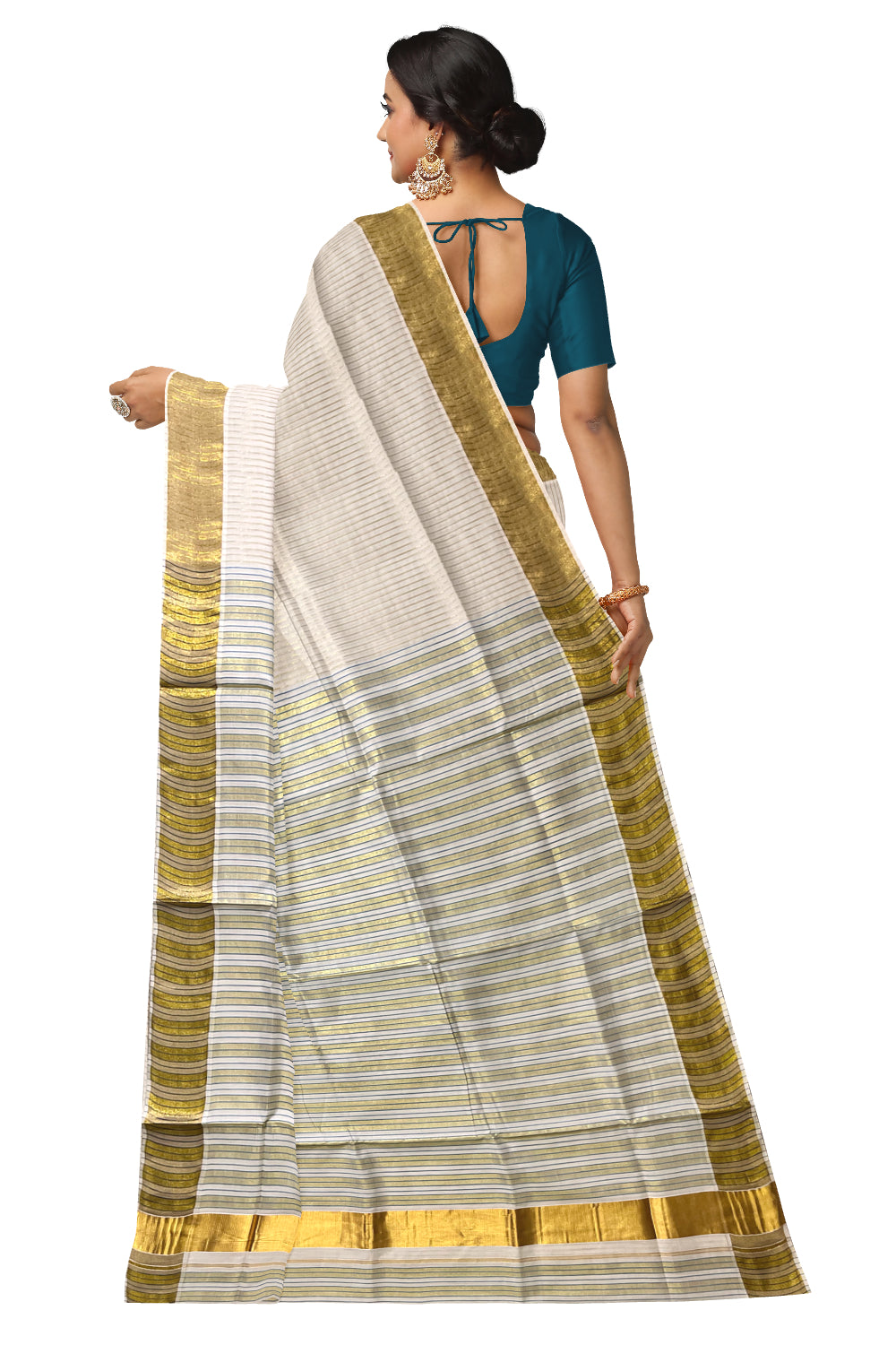 Pure Cotton Kerala Kasavu Saree with Lines Designs on Body and Blue Lines on Munthani