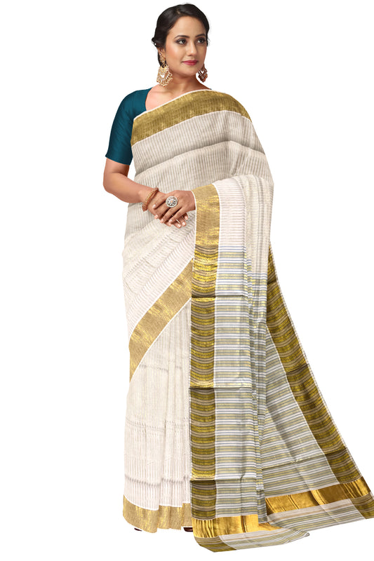 Pure Cotton Kerala Kasavu Saree with Lines Designs on Body and Blue Lines on Munthani