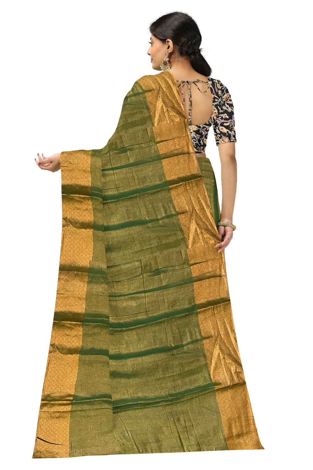 Southloom Green Tissue Plain Saree with Kalamkari Printed Blouse Piece