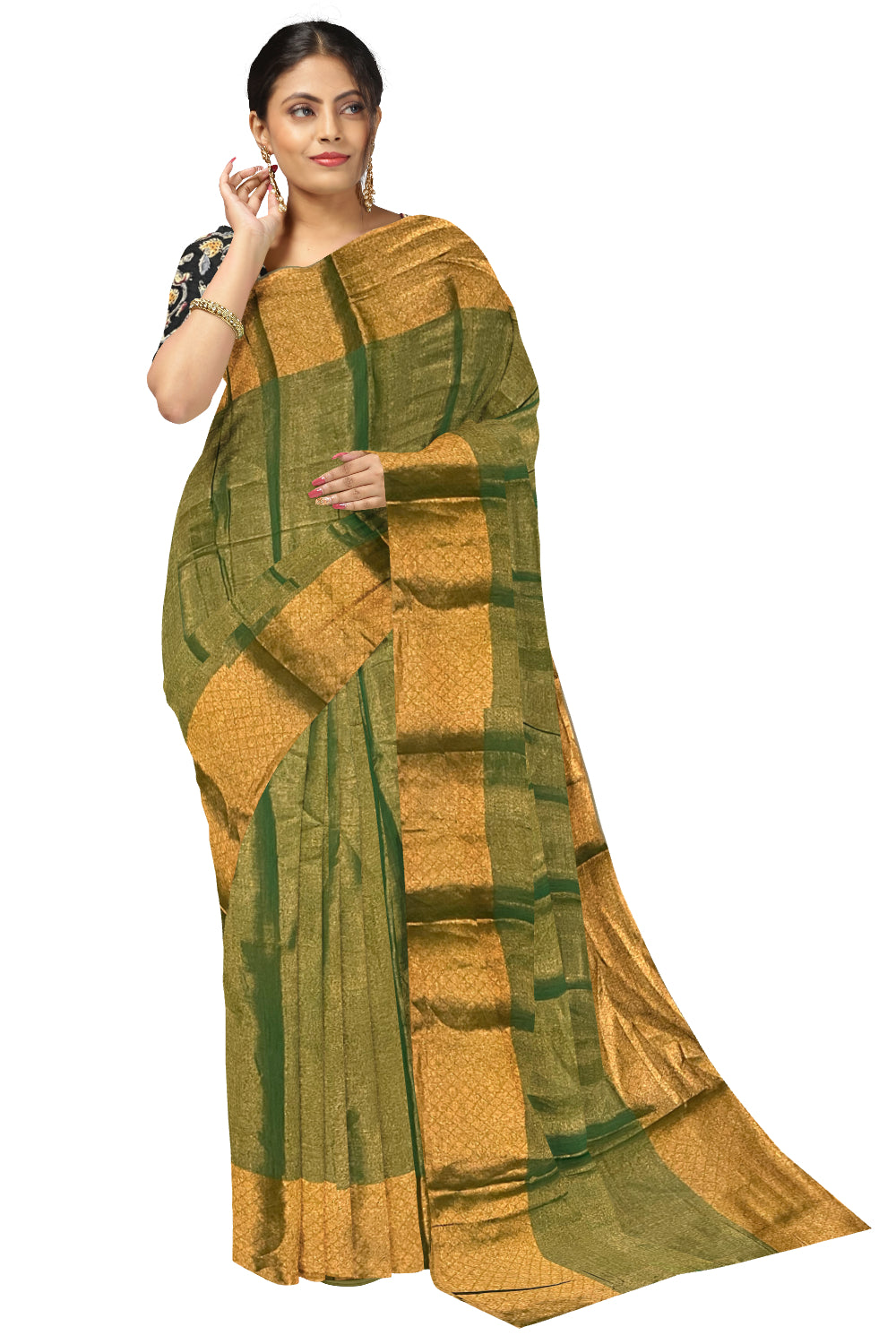 Southloom Green Tissue Plain Saree with Kalamkari Printed Blouse Piece